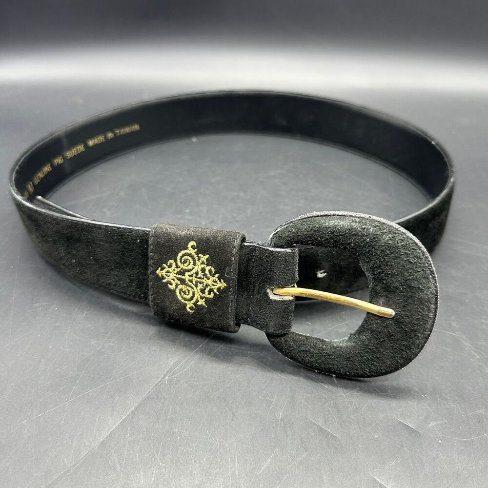 Sostanza Black Suede Western Belt Gold Embroidered Keeper Medium Made‎ in Taiwan